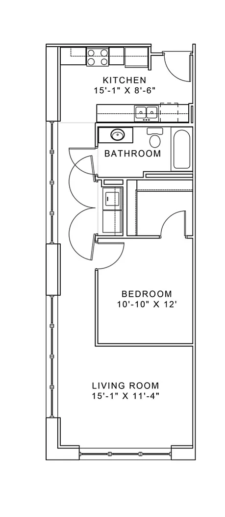 Contemporary floor plan showcasing an efficient layout with a cozy bedroom, a well-equipped kitchen, and a spacious living room.