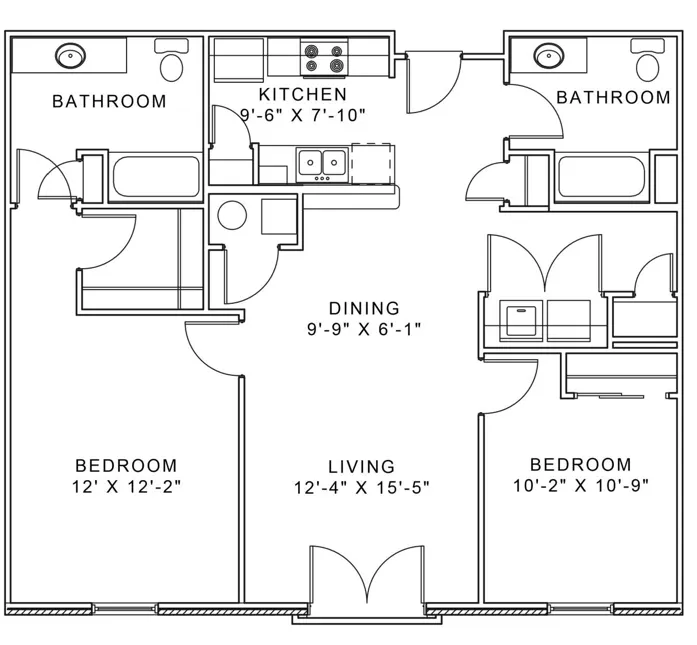 Charming floor plan showcasing 2 bedrooms, a spacious living area, dining space, cozy kitchen, and 2 bathrooms.