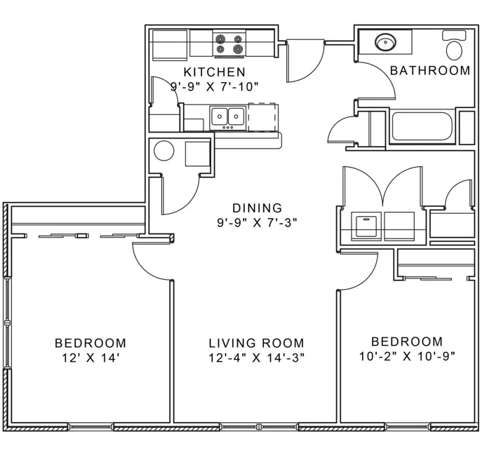 Inviting 2D floor plan showcasing 2 spacious bedrooms, a comfortable living room, and a functional kitchen with open dining area, perfect for modern living.