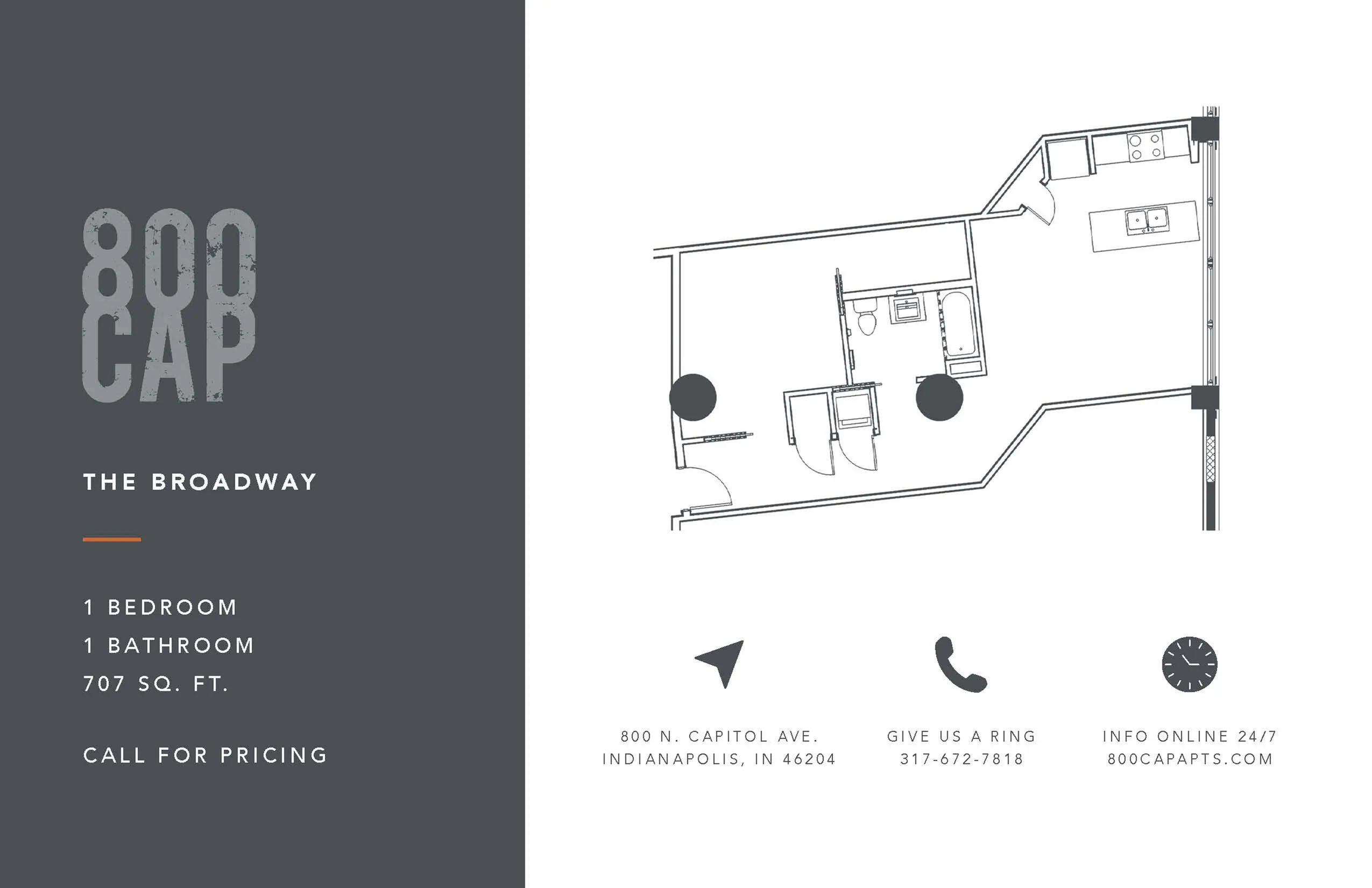 Modern 1 Bedroom floor plan for The Broadway at 800 Cap, featuring 1 bedroom, an open kitchen, and a bathroom in a 707 sq. ft. design located in Indianapolis.