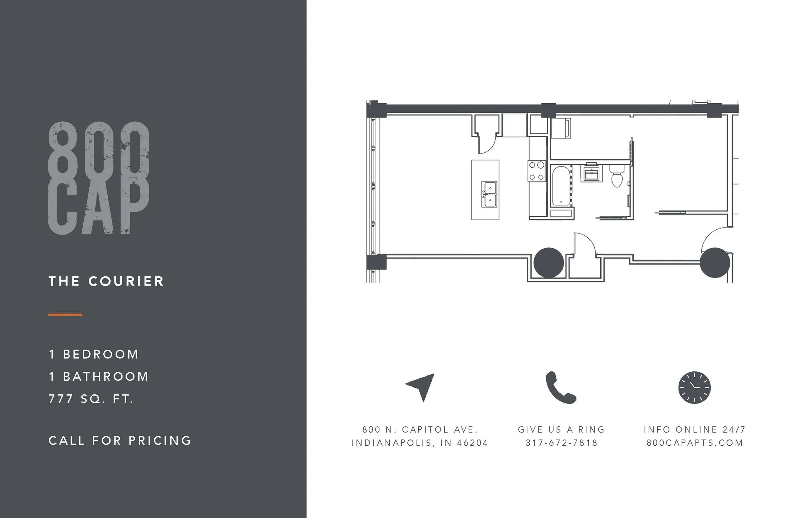 The Courier floor plan showcasing a chic 1-bedroom layout with a modern kitchen and cozy living area, covering 777 sq. ft. in vibrant Indianapolis.