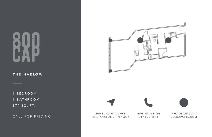 The Harlow floor plan at 800 CAP showcasing 1 bedroom and 1 bathroom in a stylish 879 sq ft layout. Ideal urban living space in Indianapolis.