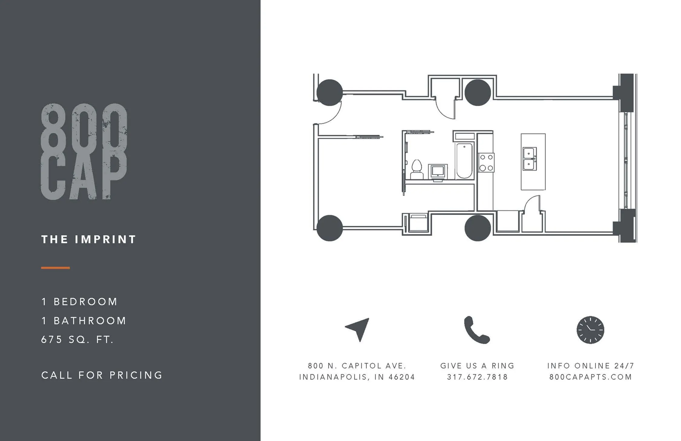 The Imprint floor plan at 800 Cap features a spacious 1-bedroom, 1-bathroom layout with an open-concept living area, covering 675 sq. ft.