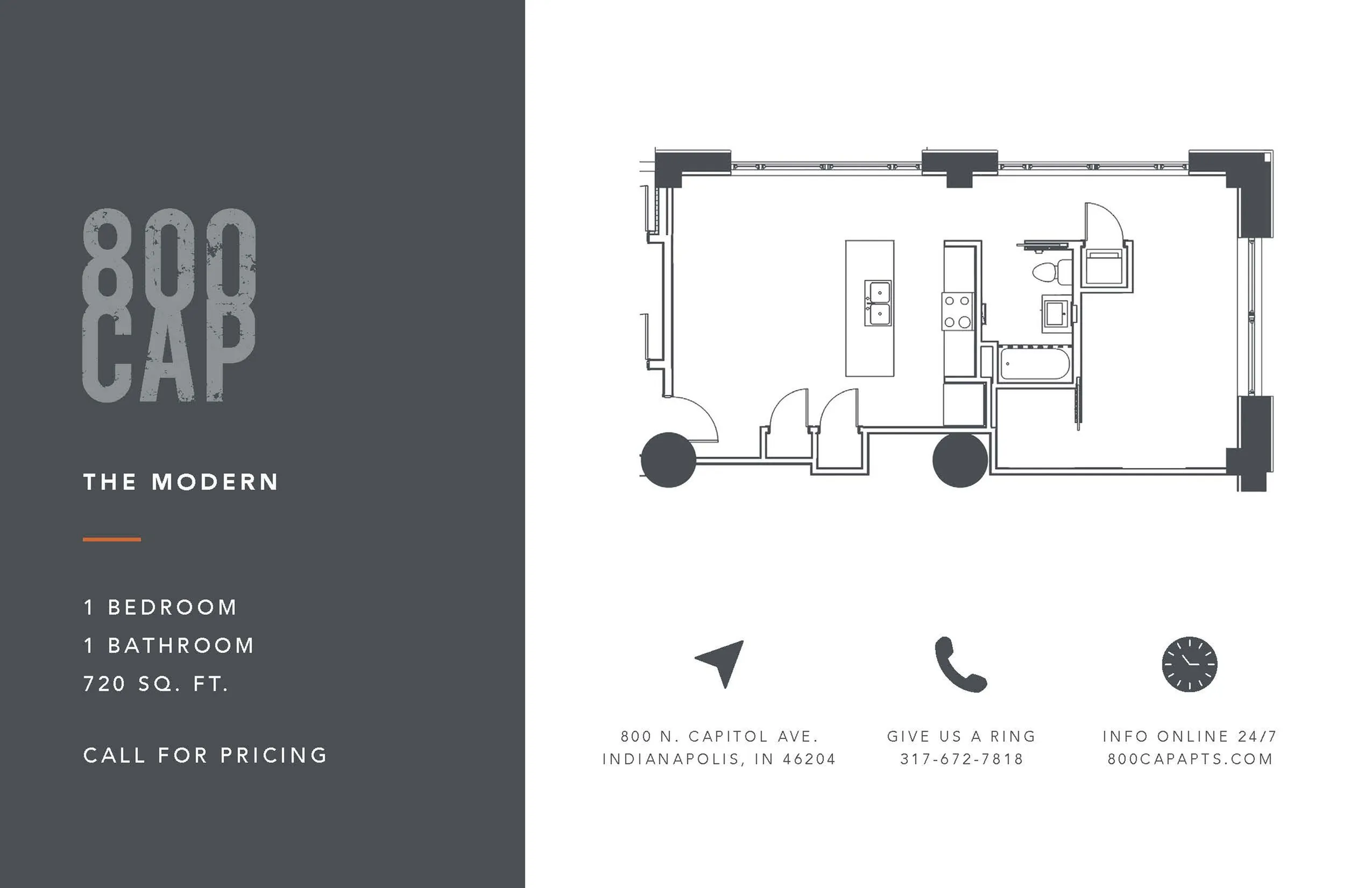 The Modern apartment floor plan at 800 Cap features 1 bedroom and 1 bathroom spread over 720 sq. ft., offering sleek design and efficient space use in Indianapolis.