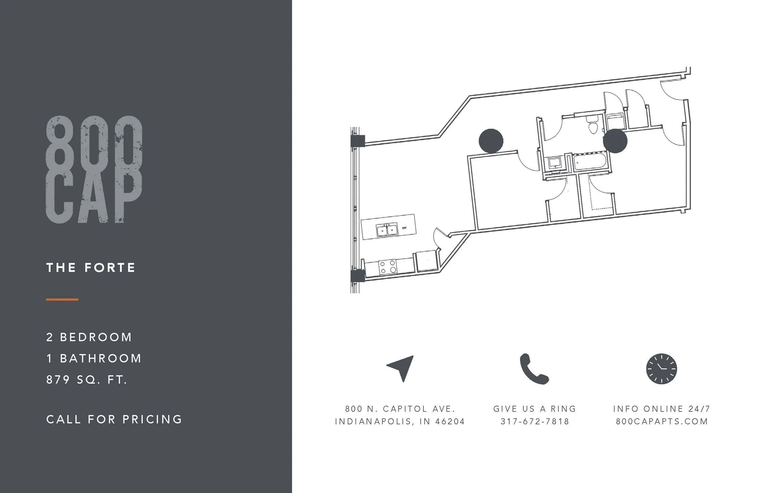 Modern 2-bedroom, 1-bathroom floor plan at 800 CAP, Indianapolis, featuring a well-designed layout with a spacious kitchen and living area, encompassing 879 sq. ft.