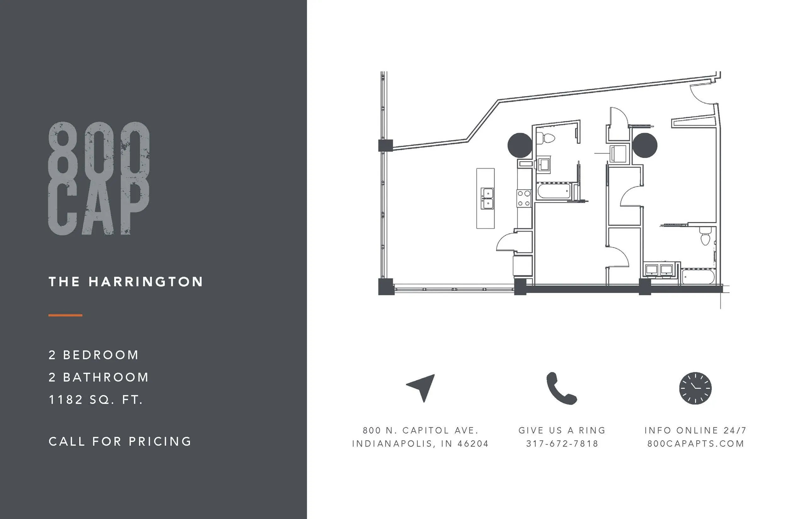 The Harrington floor plan displaying a modern 2-bedroom, 2-bathroom layout with open kitchen and living space, spanning 1182 sq ft in Indianapolis.