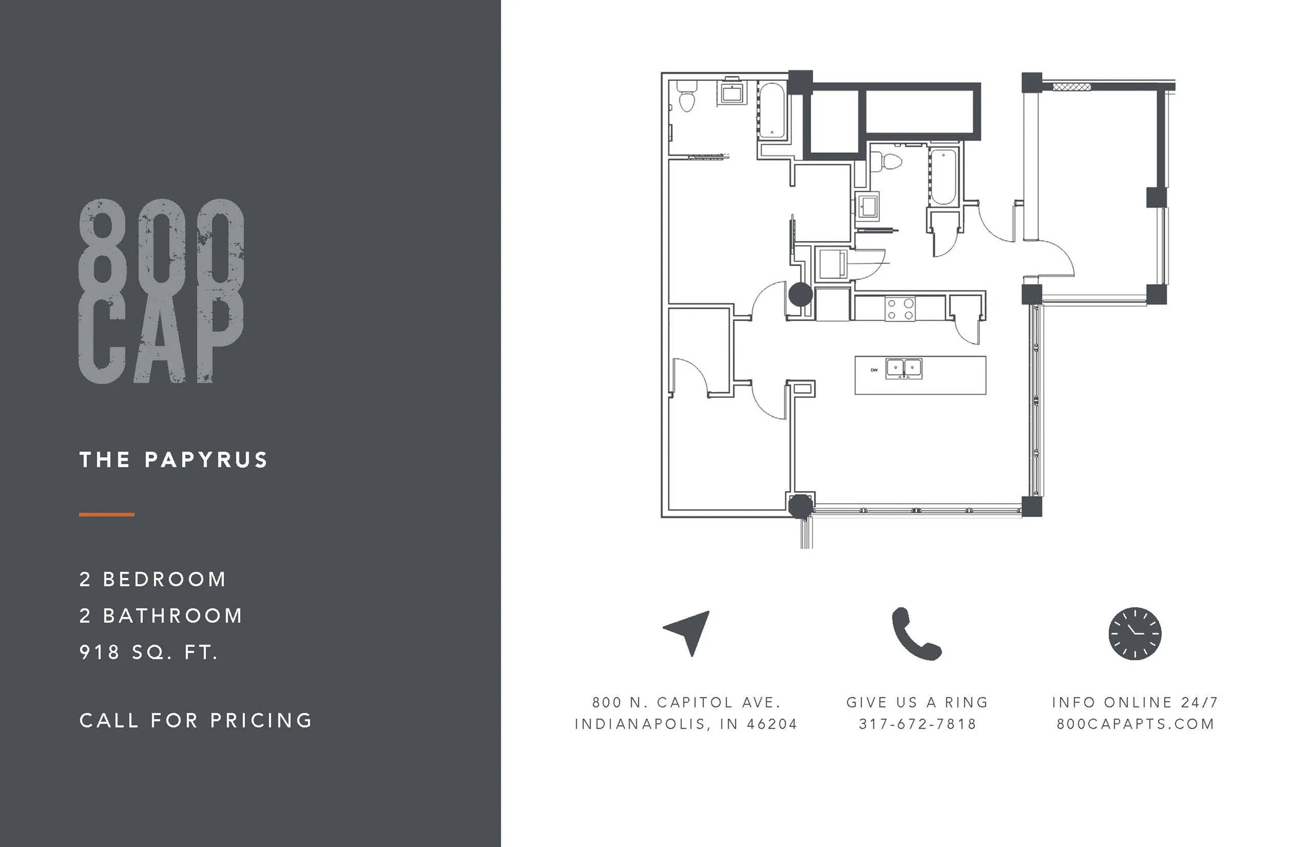 The Papyrus floor plan at 800 Cap, featuring 2 bedrooms, 2 bathrooms, and an open-concept kitchen layout, spanning 918 sq. ft. in Indianapolis.