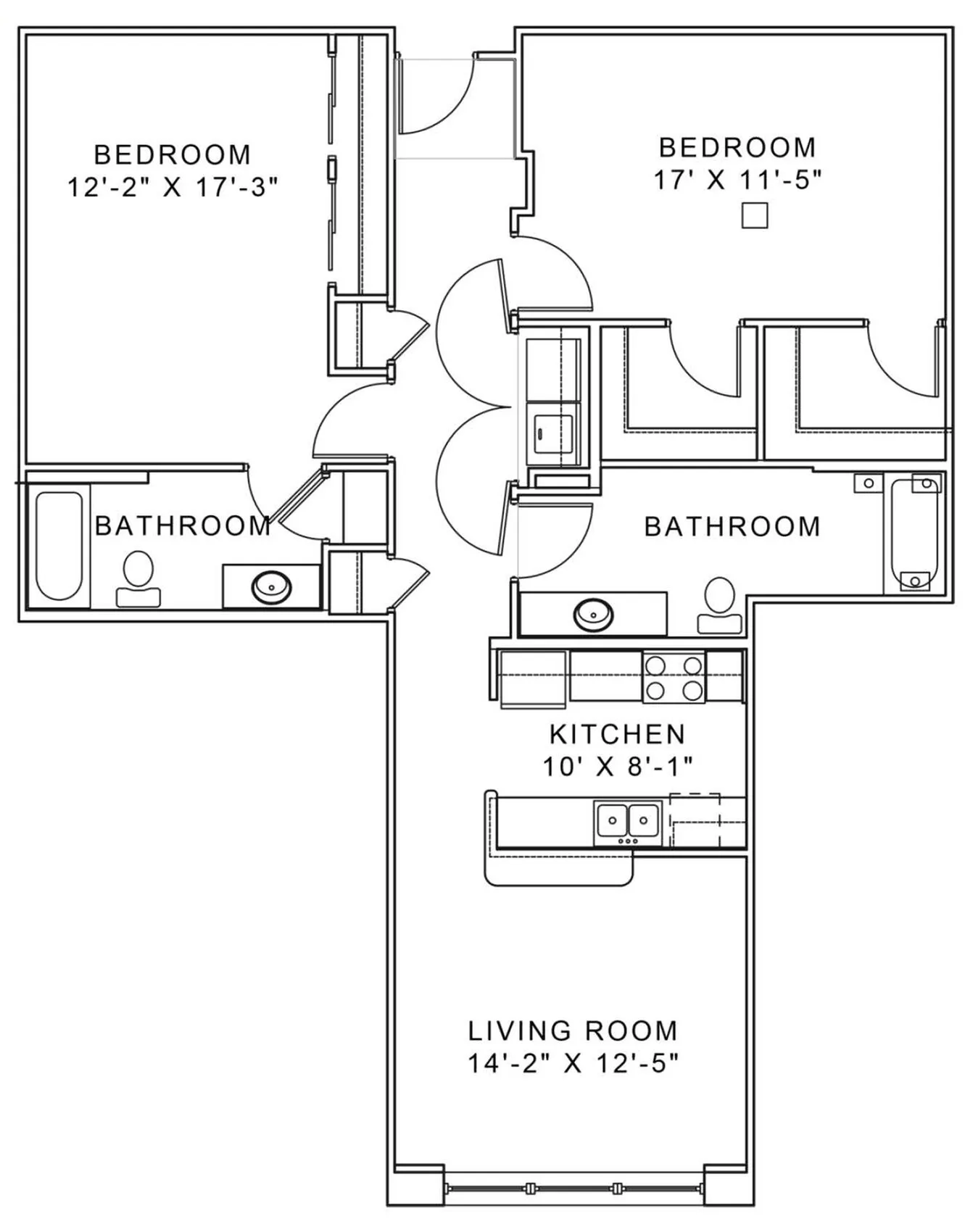 Inviting floor plan showcasing 2 spacious bedrooms, 2 modern bathrooms, an efficient kitchen, and a cozy living room.