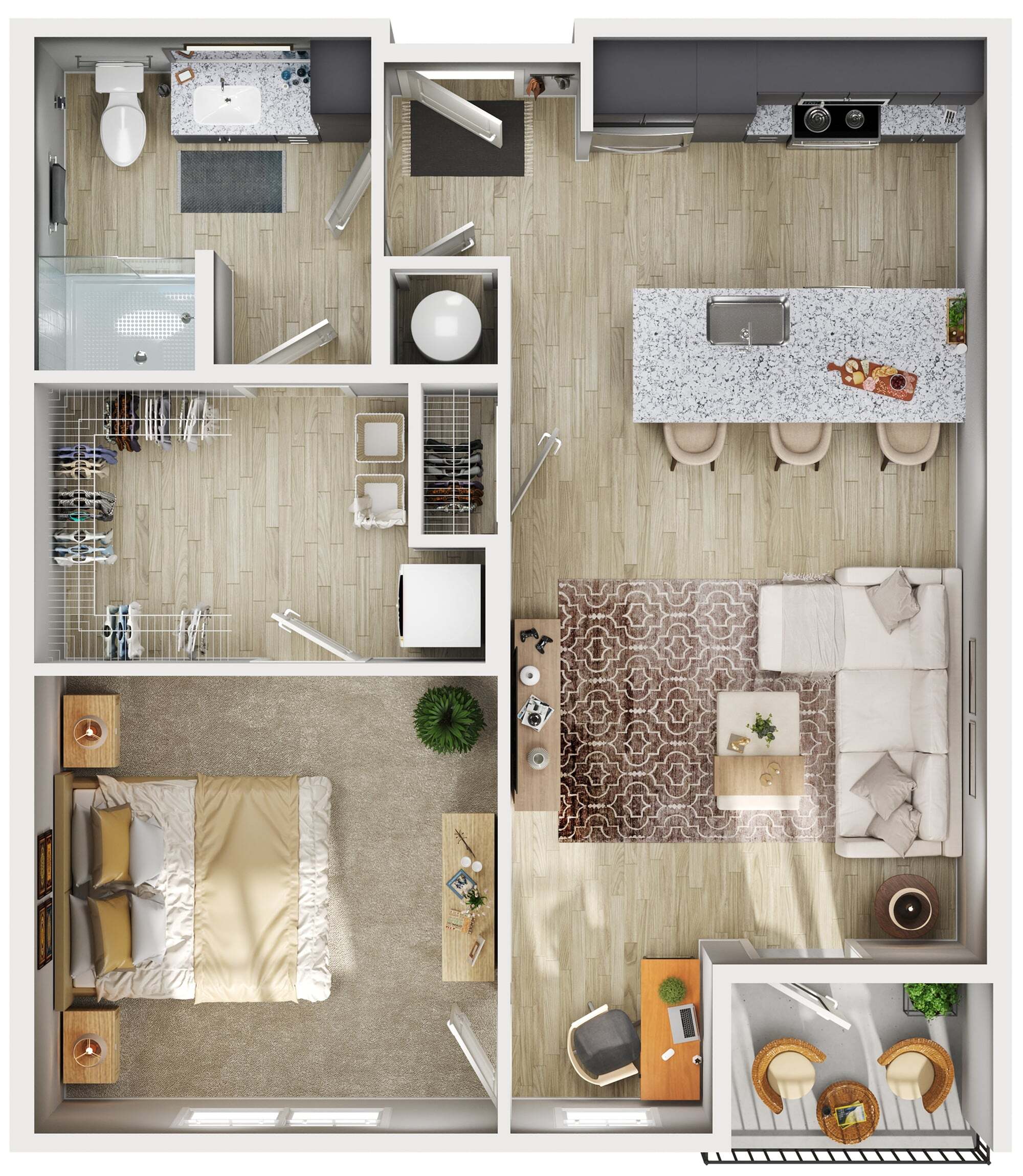 Contemporary apartment floor plan featuring a cozy bedroom, spacious open-concept living and dining area, modern kitchen with island, and a stylish bathroom.