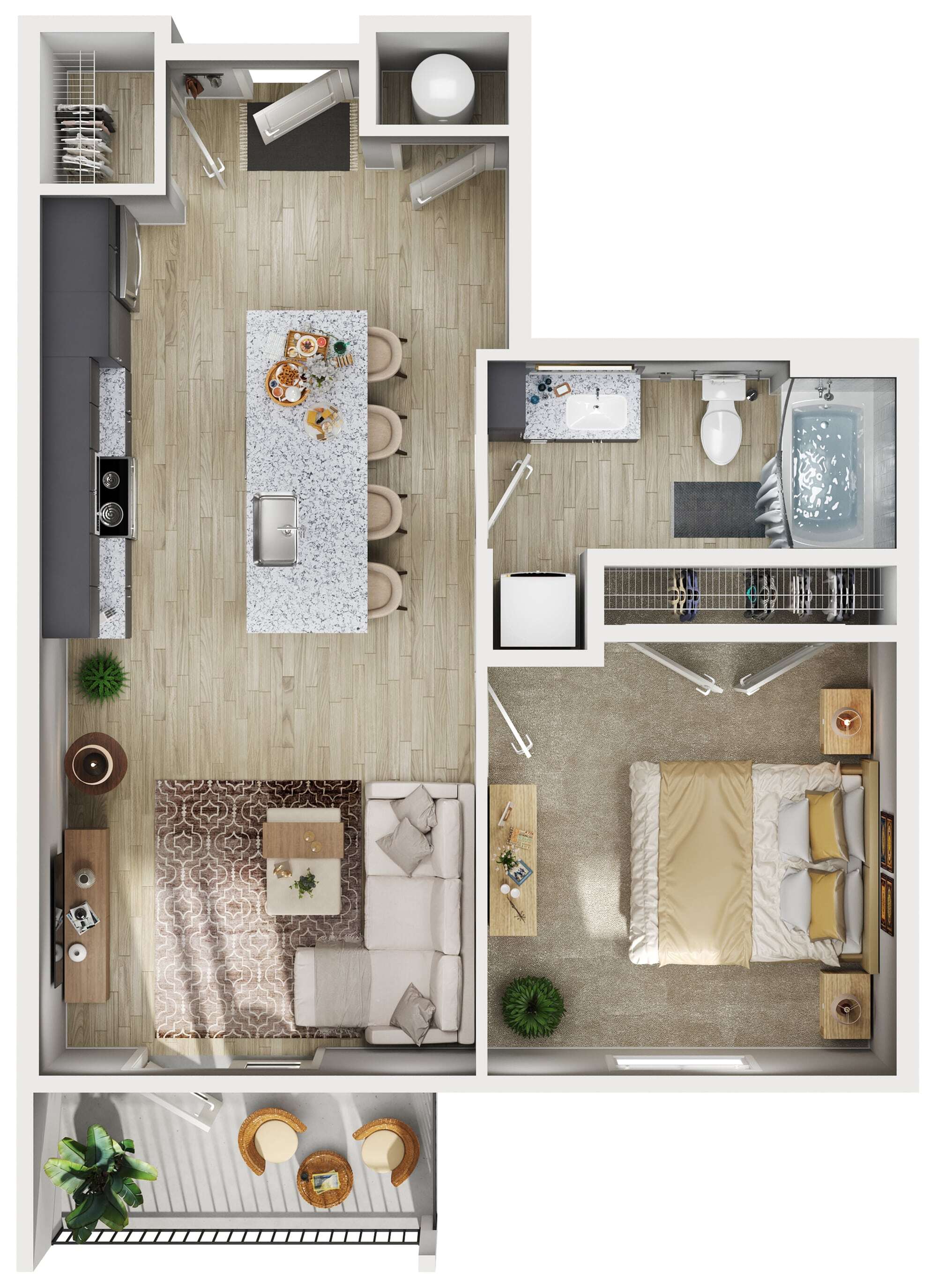 Chic apartment floor plan with one cozy bedroom, spacious open-concept kitchen and living area, modern bathroom, and a private balcony.