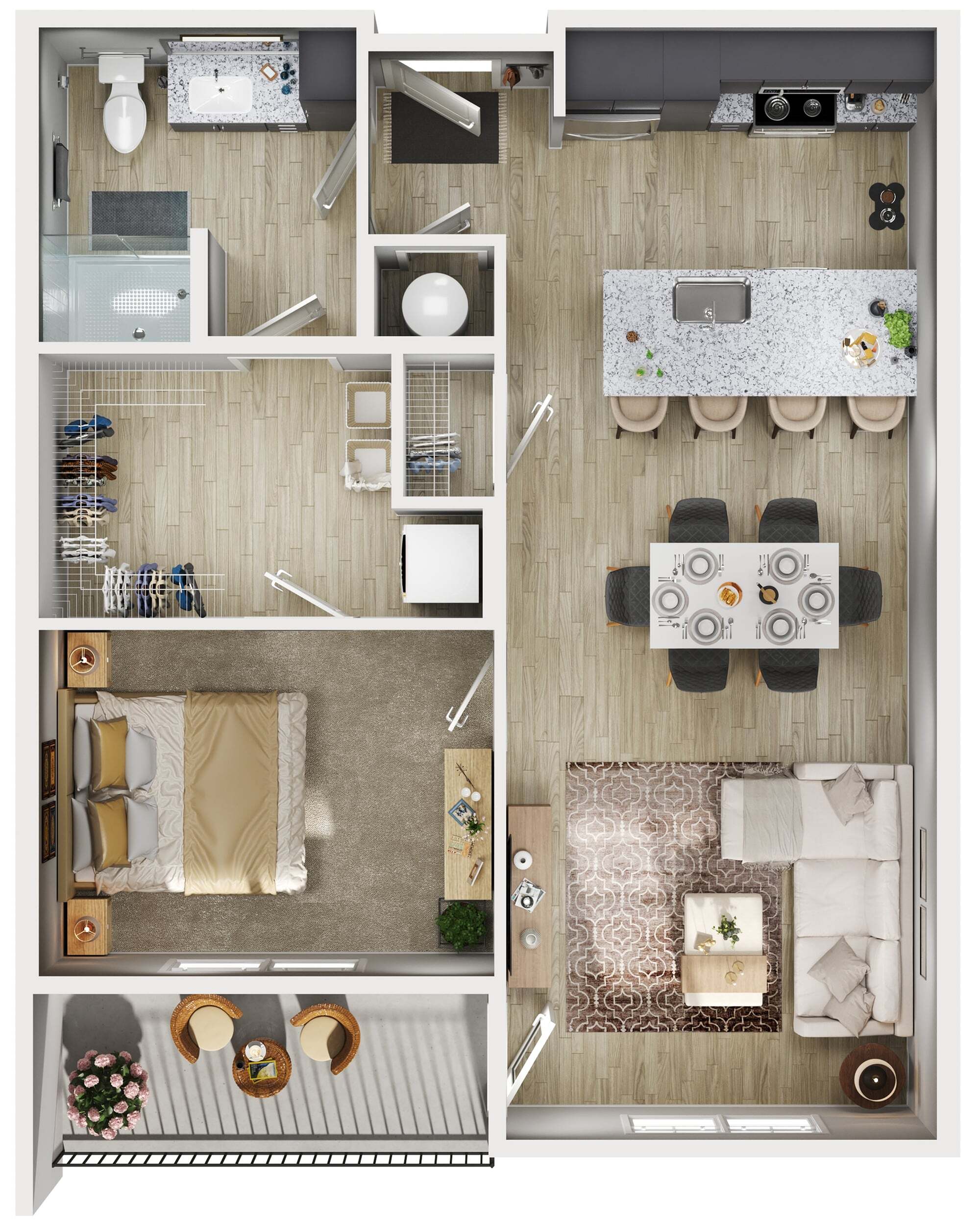 Modern floor plan highlighting a chic one-bedroom apartment with a stylish open kitchen, cozy living room, elegant dining area, and a private balcony for relaxation.