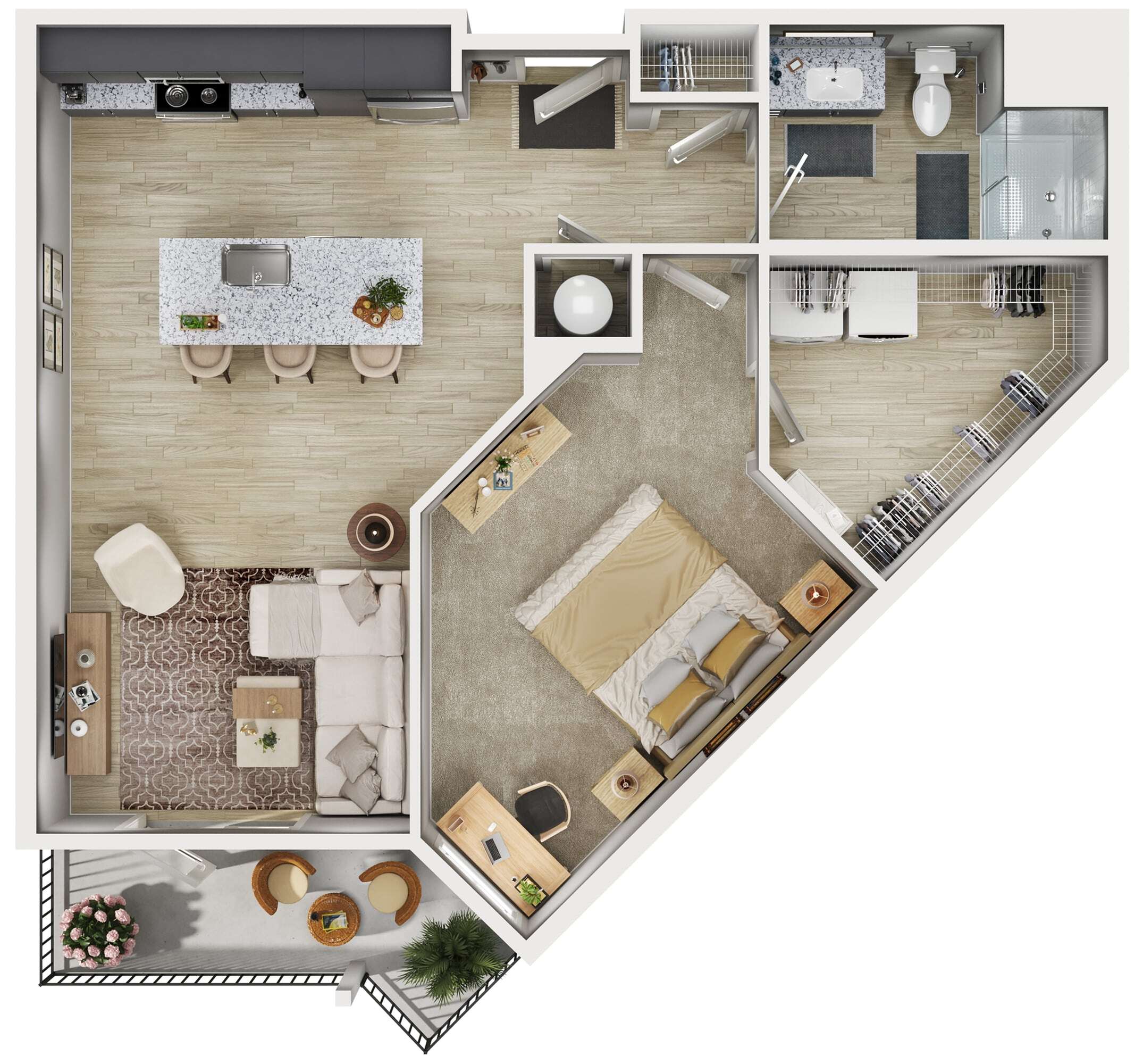 Contemporary 3D floor plan featuring a spacious bedroom, open-concept living area, modern kitchen with island, and private balcony.
