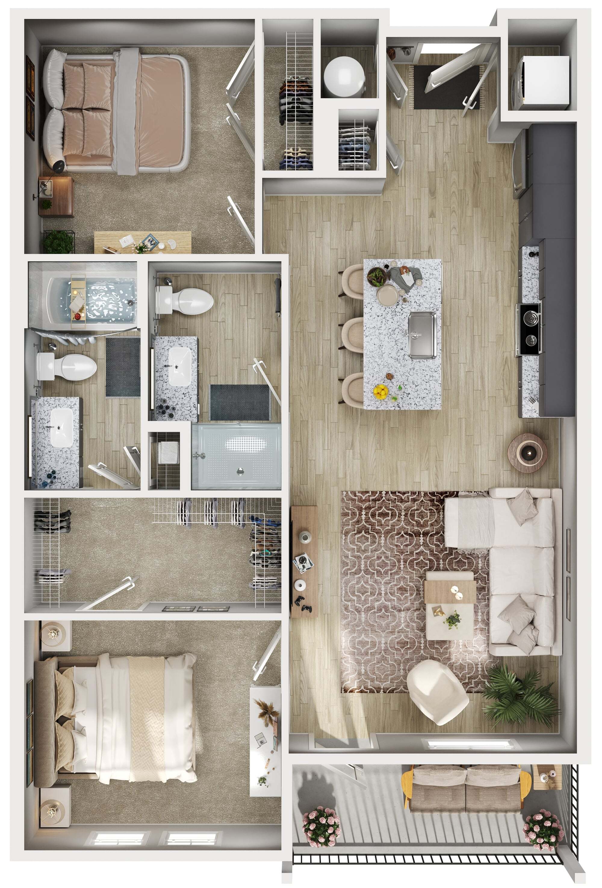 Modern apartment floor plan showcasing 2 spacious bedrooms, elegant open kitchen with bar seating, and inviting living area leading to a balcony.