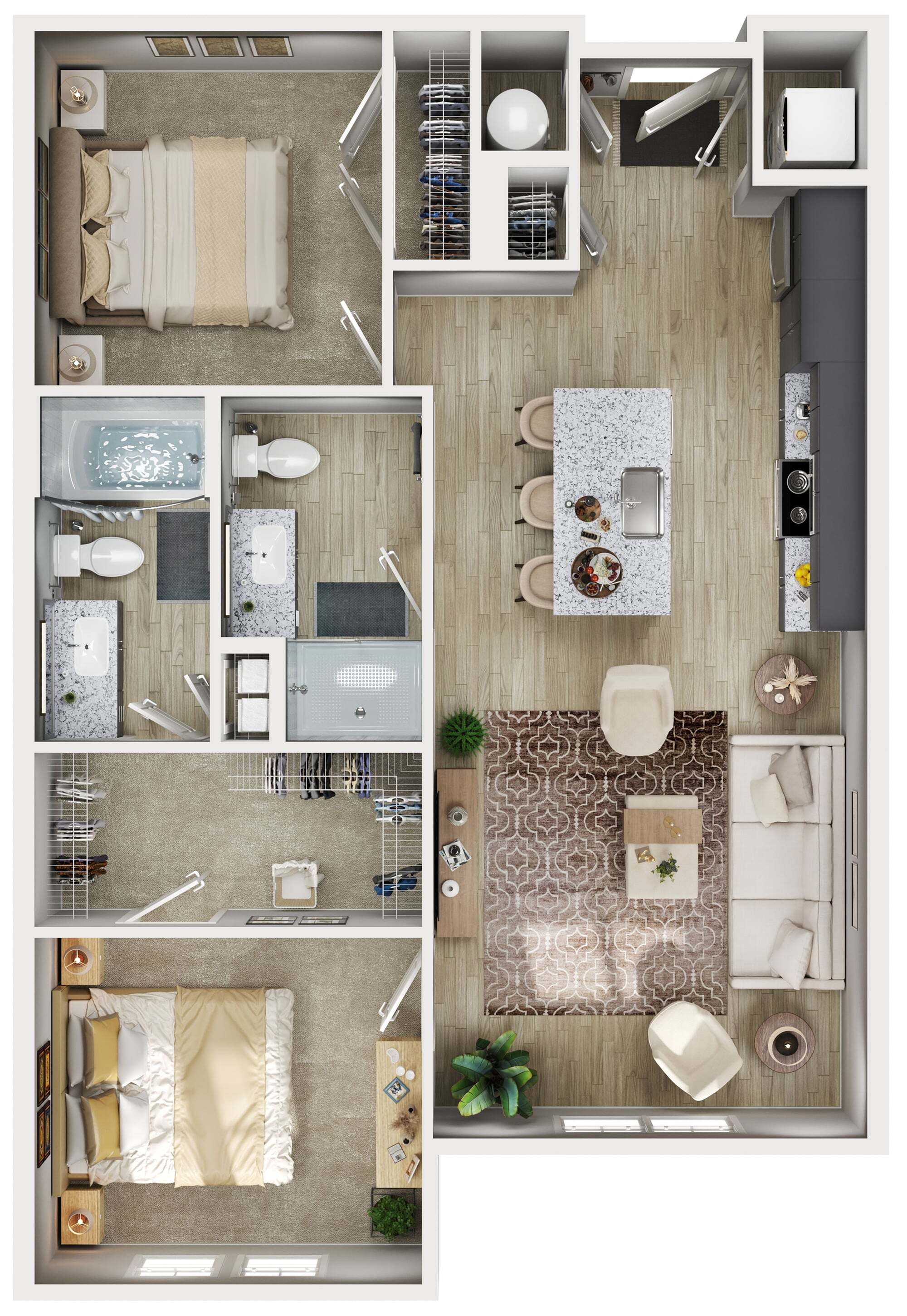 Elegant 2-bedroom apartment floor plan with an open-concept living area, modern kitchen with island seating, and two sleek bathrooms.