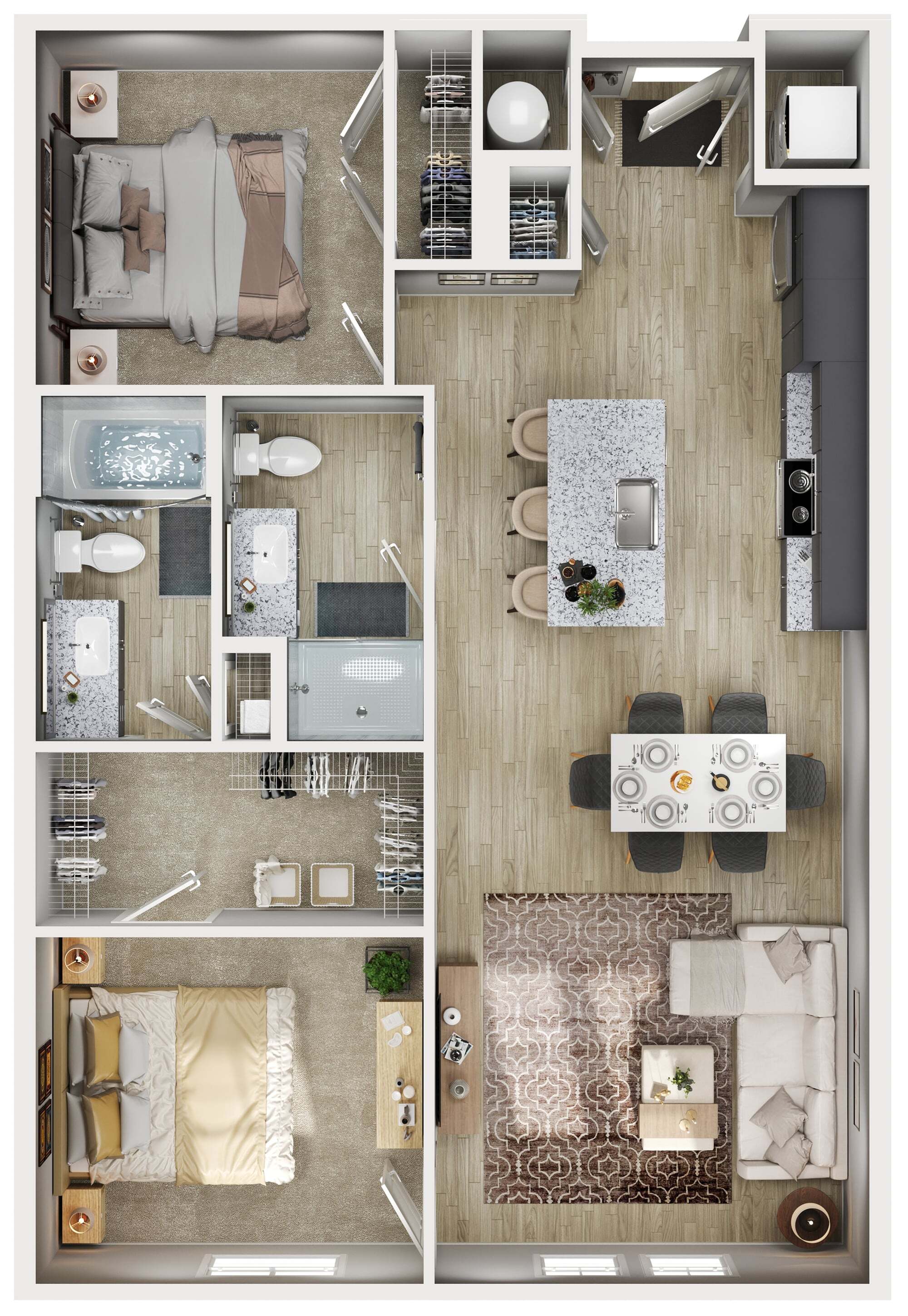 Modern 2-bedroom floor plan with spacious open-concept kitchen and living area, featuring stylish finishes and two elegant bathrooms.