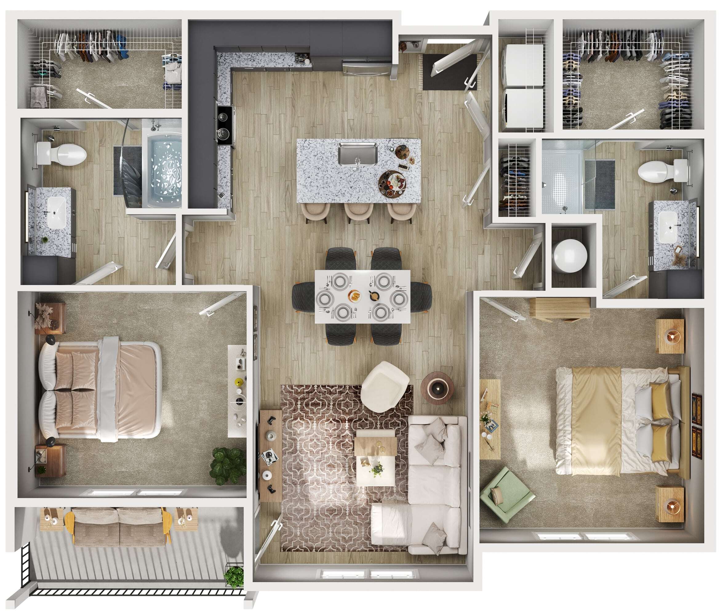 Modern 2-bedroom apartment floor plan featuring open-concept kitchen and dining area, spacious living room, and two stylish bathrooms.