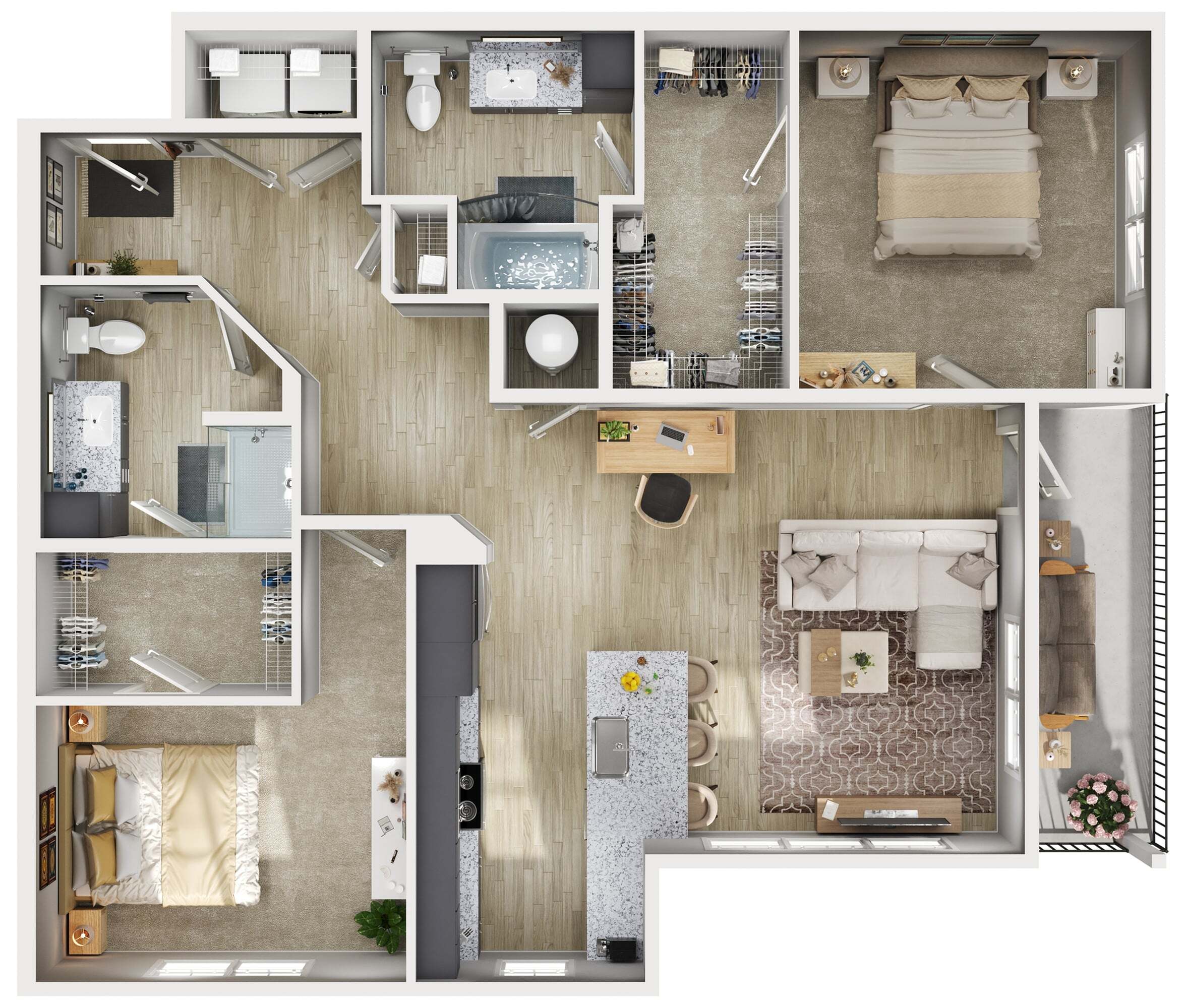 Modern floor plan showcasing 2 bedrooms with ample closets, 2 elegant bathrooms, and an open-concept living area with a sleek kitchen and cozy seating space.