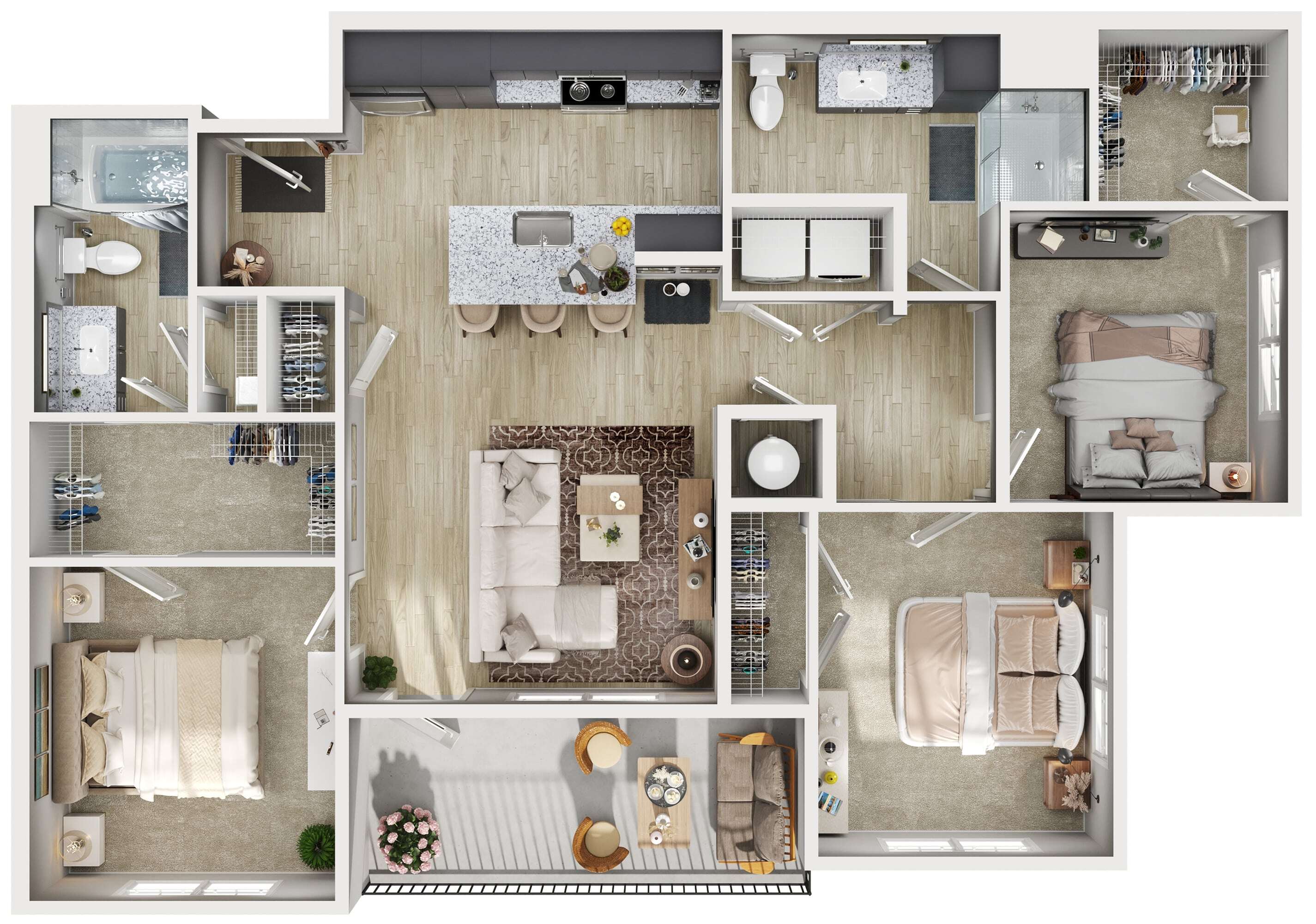 Modern apartment floor plan featuring three cozy bedrooms, a stylish open kitchen with an island, a welcoming living room, and a charming balcony for relaxation.