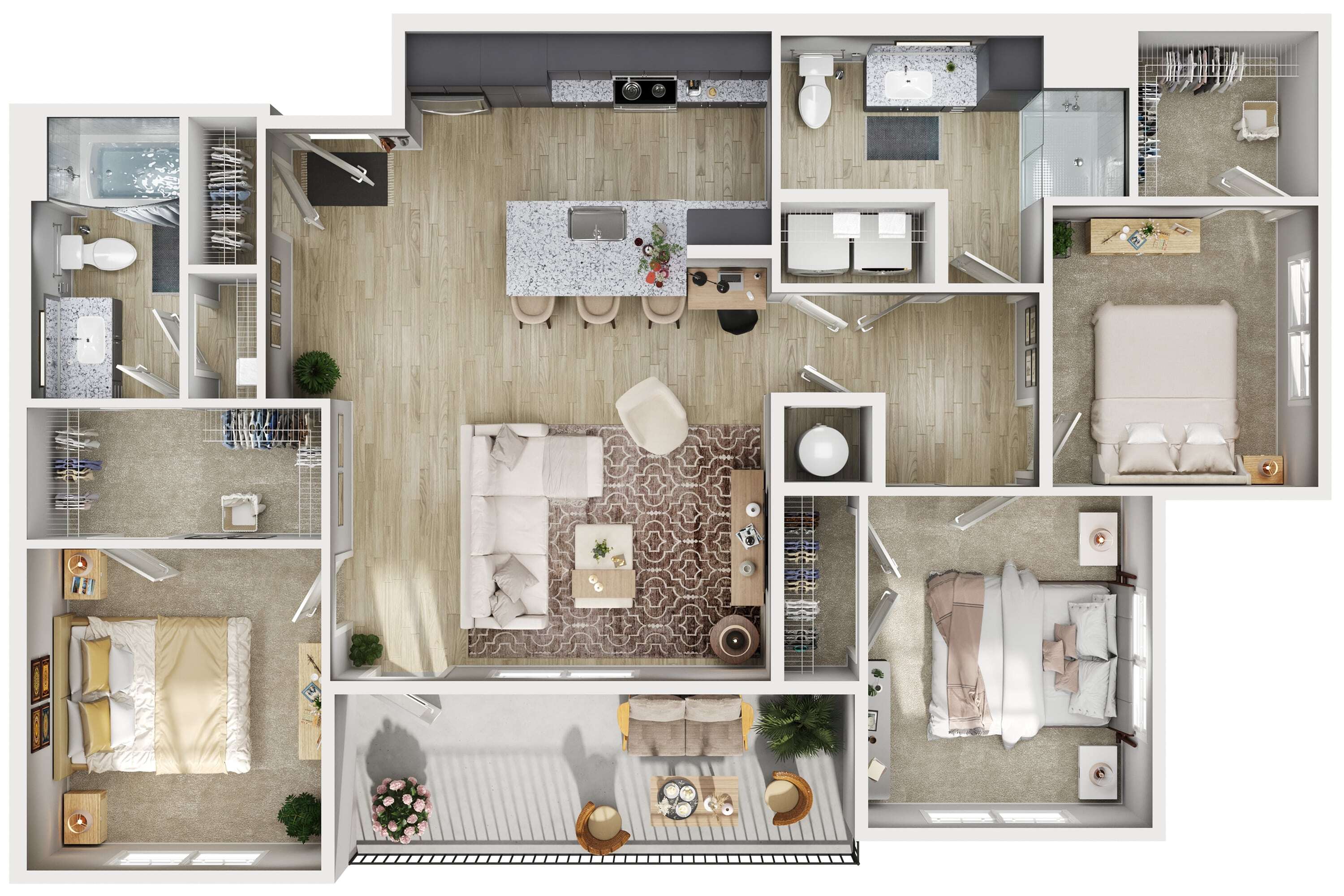 Modern 3D floor plan showcasing 3 cozy bedrooms, an elegant open-concept kitchen with island seating, spacious living area, and a charming balcony.