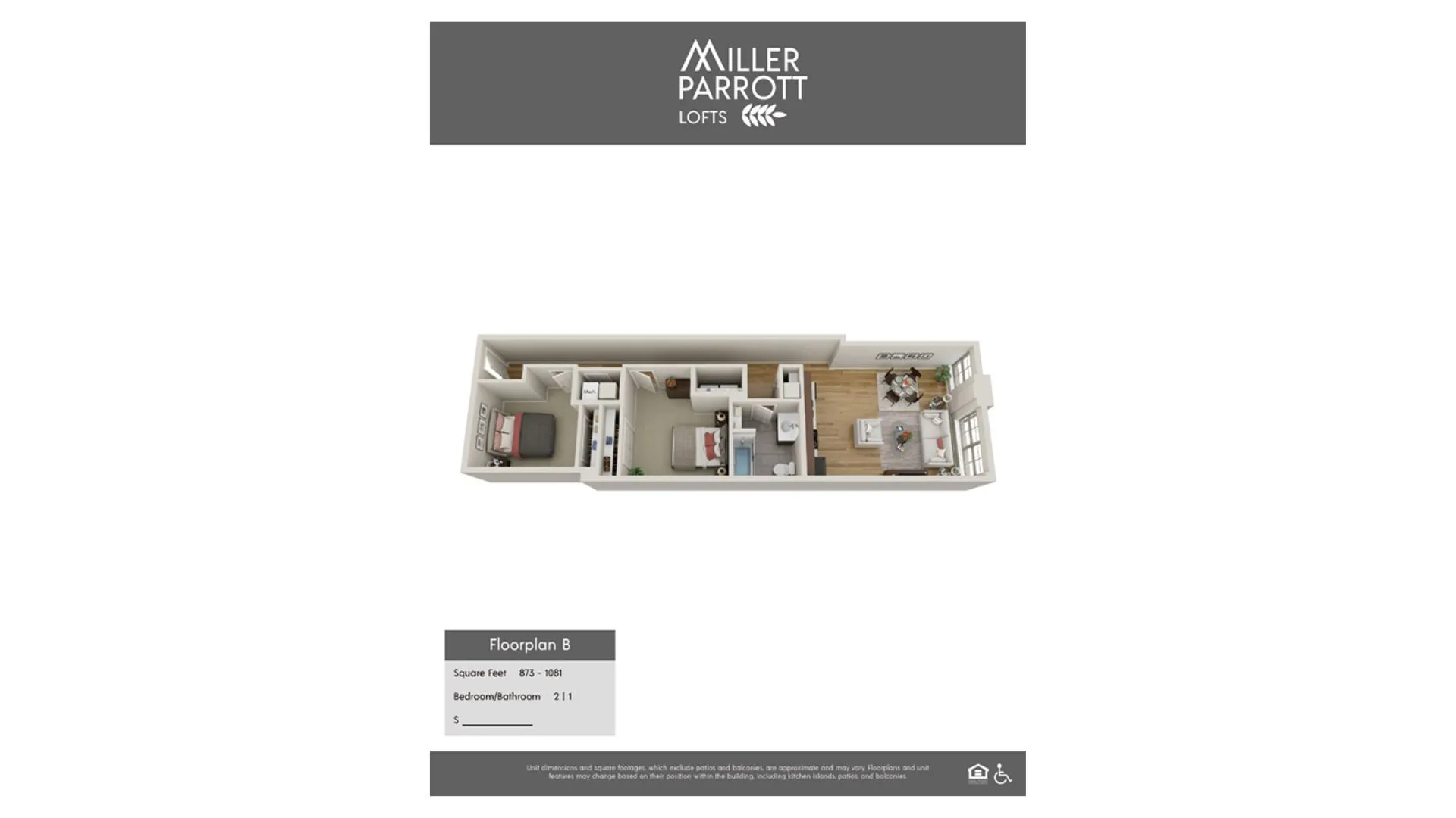 Modern 3D floor plan of Miller Parrott Lofts showcasing 2 bedrooms, a cozy living area, and a functional kitchen, spanning 873-1081 sq ft.