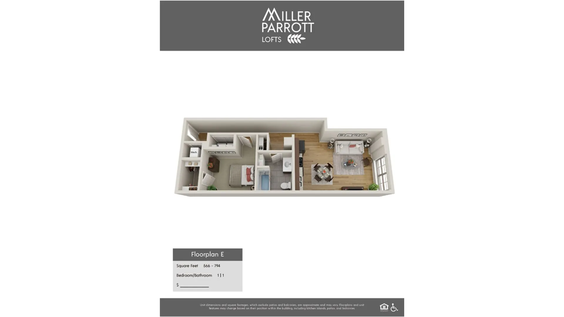 Modern 3D floor plan of Miller Parrott Lofts featuring 1 bedroom, a sleek bathroom, and an open-concept living area with natural light. Floorplan E with 566-794 sq ft.