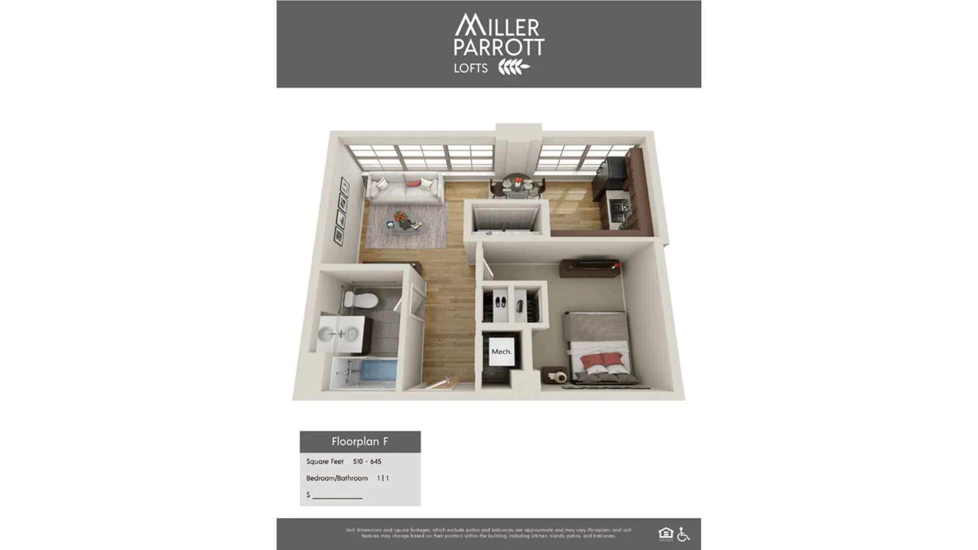 Miller Parrott Lofts 3D Floorplan F showcasing 1 bedroom, 1 bathroom, an open living area, and modern kitchen in 510-645 sq ft.