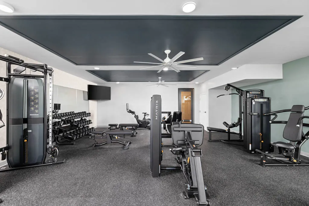 Spacious and modern gym equipped with state-of-the-art fitness machines and sleek design.