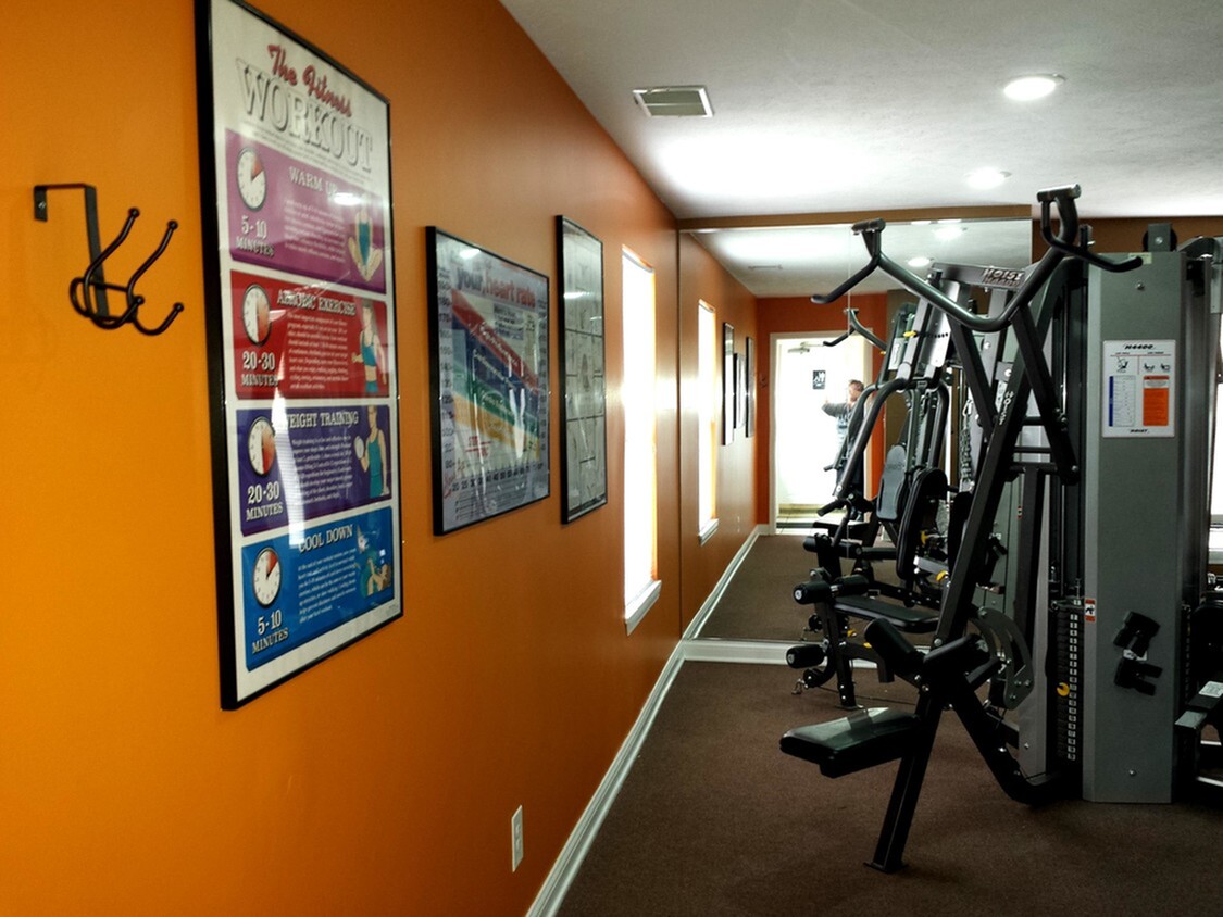 Modern apartment gym with vibrant orange walls, equipped with diverse workout machines and fitness motivation posters.