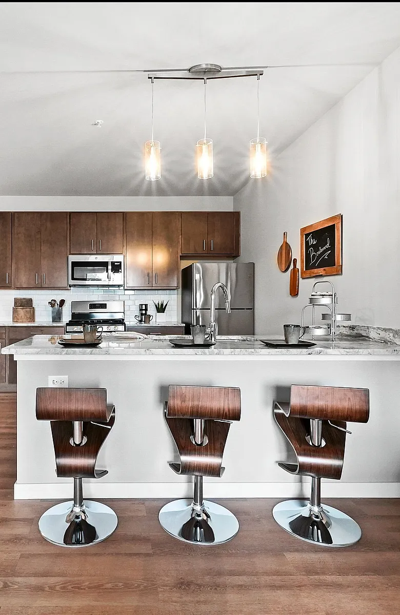 Chic modern kitchen with elegant bar seating, stainless steel appliances, and stylish wooden cabinetry, perfect for culinary enthusiasts.
