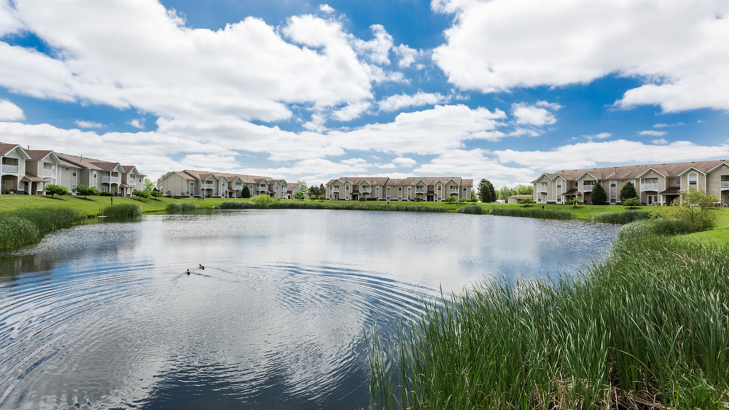 Charming apartment community with serene lakeside views, lush greenery, and bright, inviting architecture under a picturesque sky.