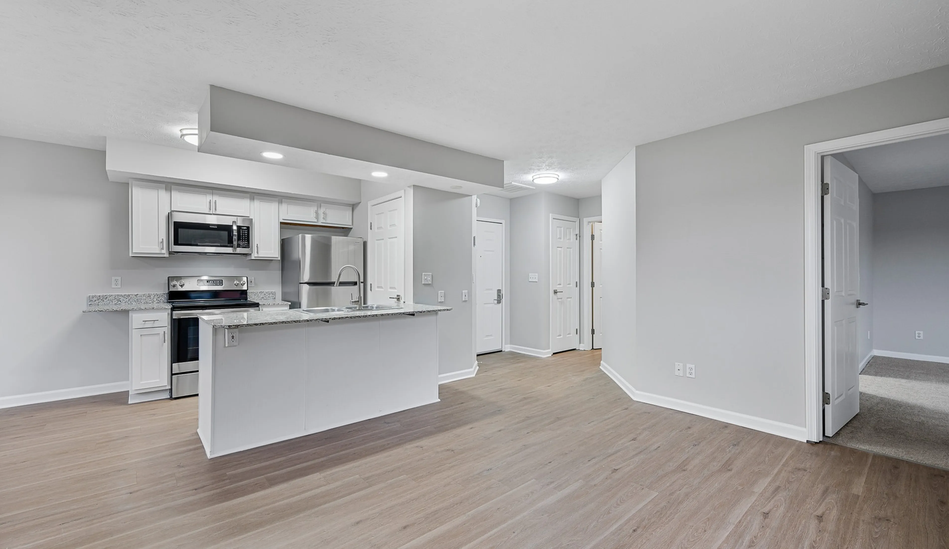 Modern apartment interior with open-concept kitchen featuring sleek stainless-steel appliances and elegant hardwood flooring, leading to a cozy carpeted bedroom.