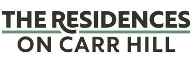 Elegant logo for The Residences on Carr Hill, showcasing modern typography with a subtle green underline.