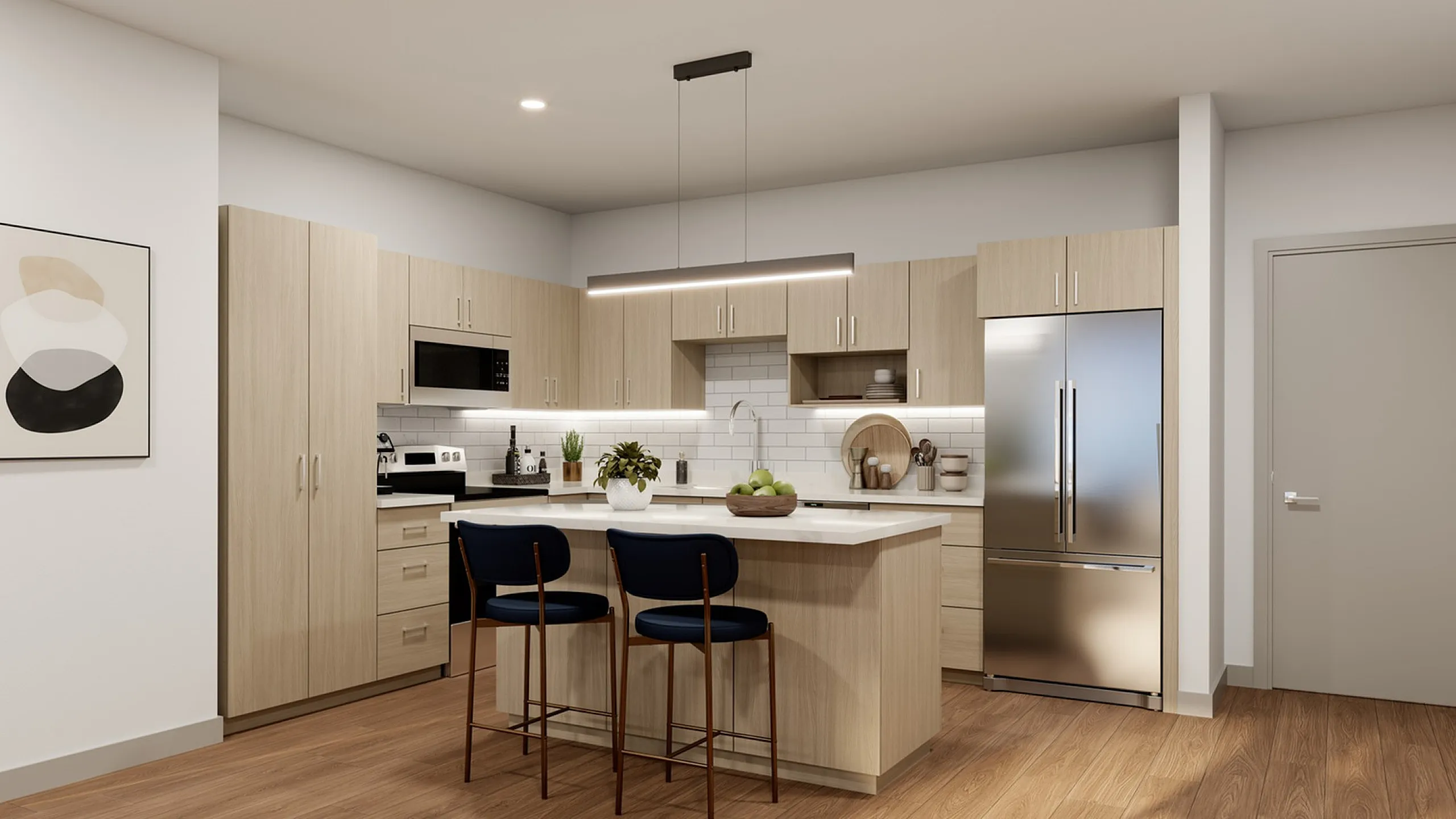 Contemporary kitchen with sleek light wood cabinetry, modern appliances, and a stylish island seating area for two.