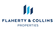 Flaherty & Collins Properties logo with modern blue and dark blue geometric design.