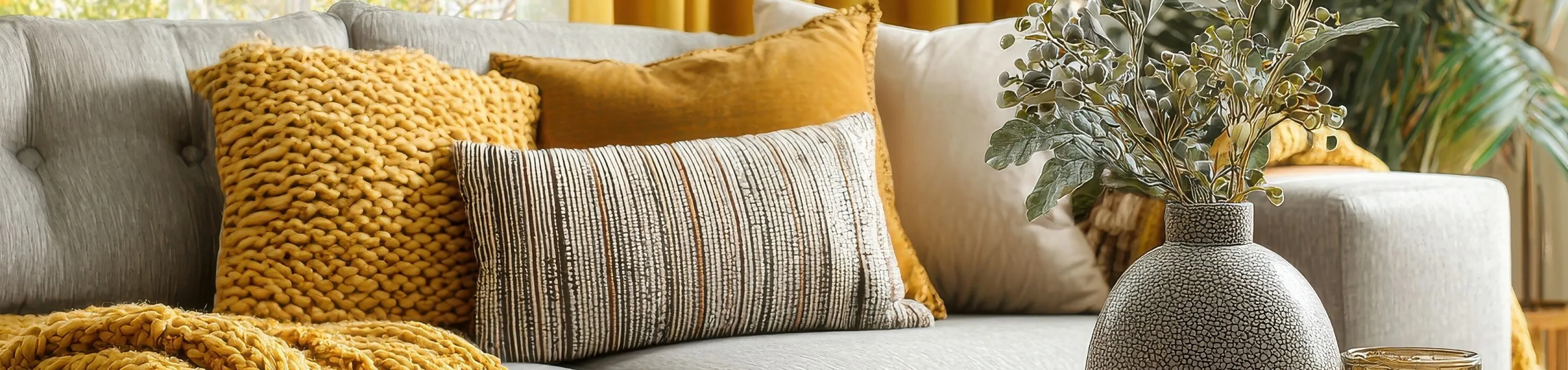 Chic living room featuring a gray sofa with vibrant mustard accents, textured cushions, and stylish decor, exuding warmth and contemporary elegance.
