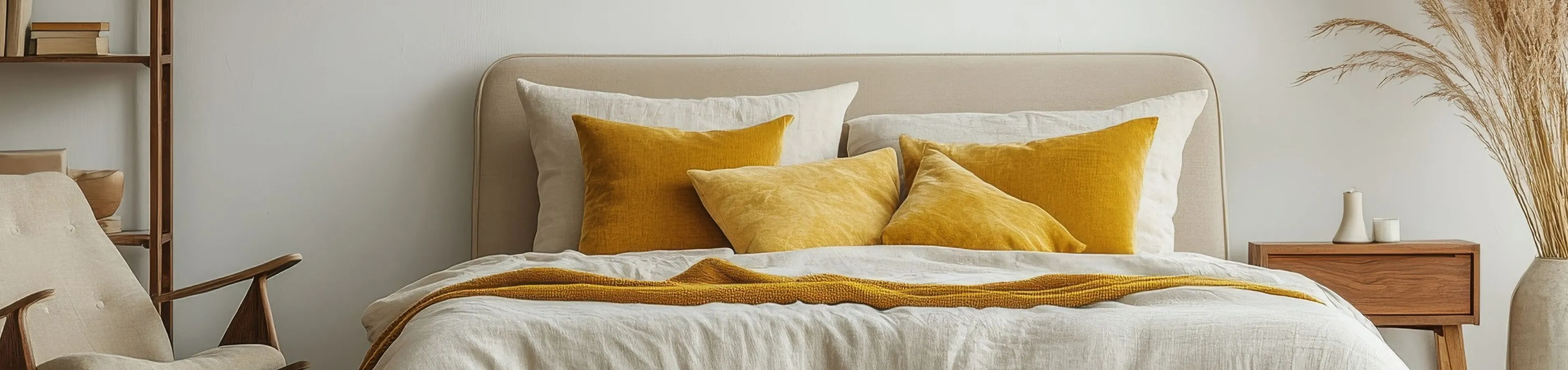 Elegant bedroom with modern bohemian decor, featuring a cozy bed with yellow accent pillows, a chic woven pendant light, and a stylish wooden chair beside a minimalist shelf filled with books.
