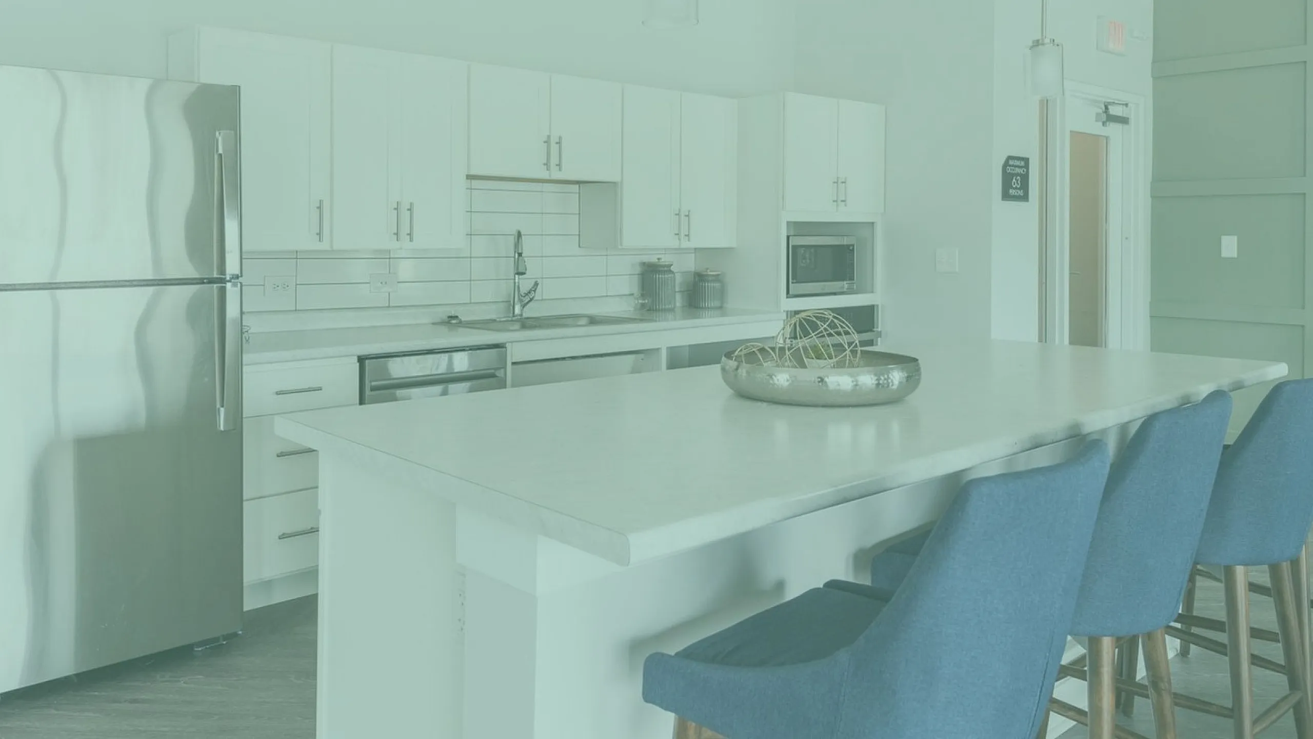 Modern kitchen with sleek stainless steel appliances, white cabinetry, and a spacious island with blue bar stools, creating an inviting space for cooking and gathering.