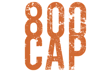 Bold distressed logo design with large orange text '800 CAP' for a modern urban aesthetic.