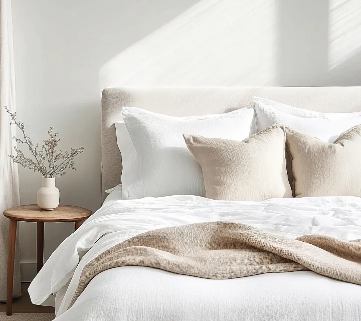 Serene bedroom with luxurious bedding, soft neutral tones, and light-filled ambiance.