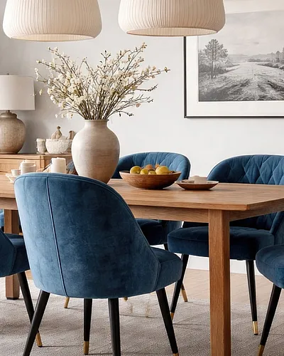 Chic dining area with a wooden table and elegant blue velvet chairs, accented by stylish pendant lighting and natural decor.