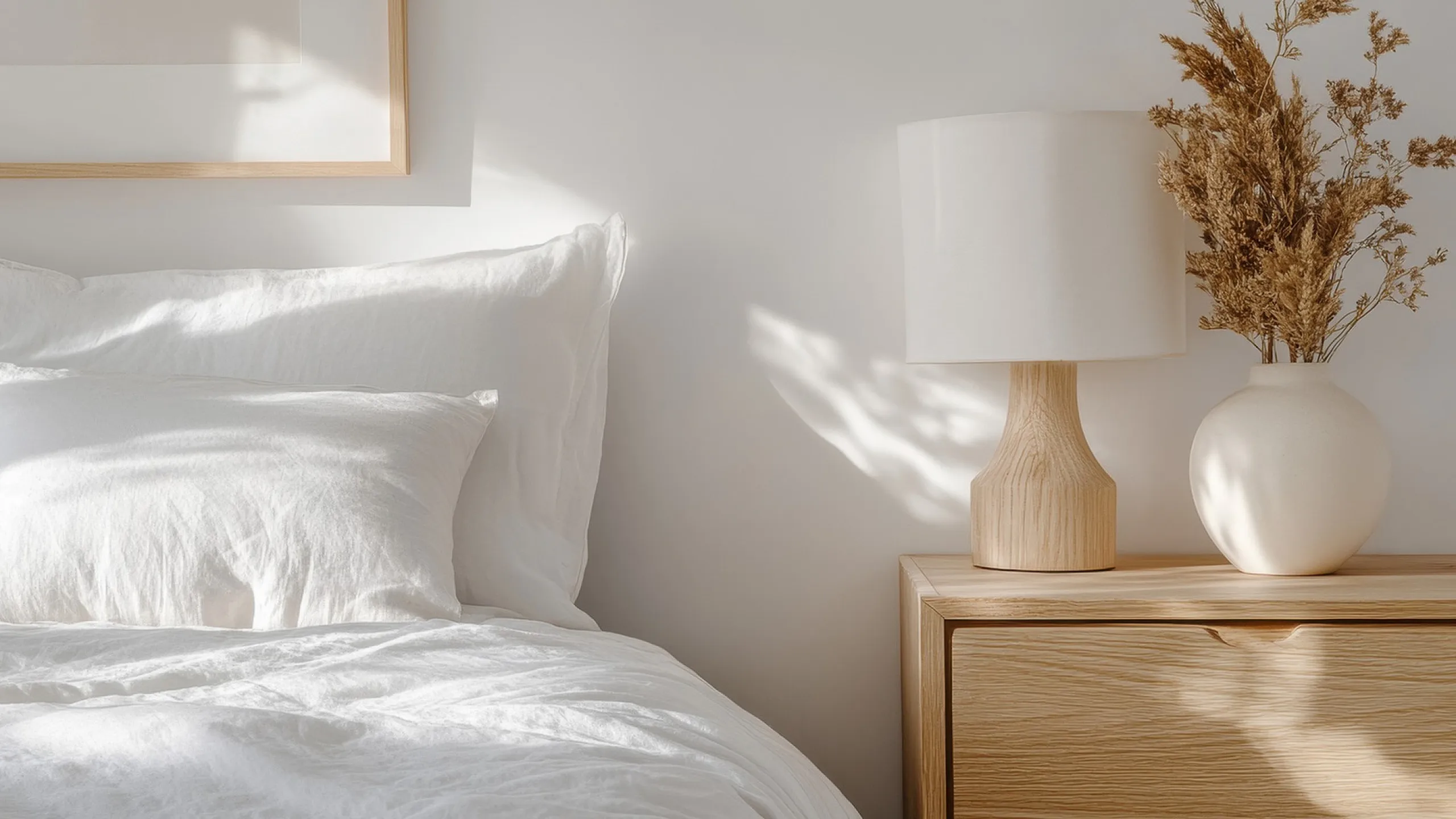 Tranquil bedroom corner with crisp white linens, a stylish wooden nightstand, and elegant decor under soft natural light.