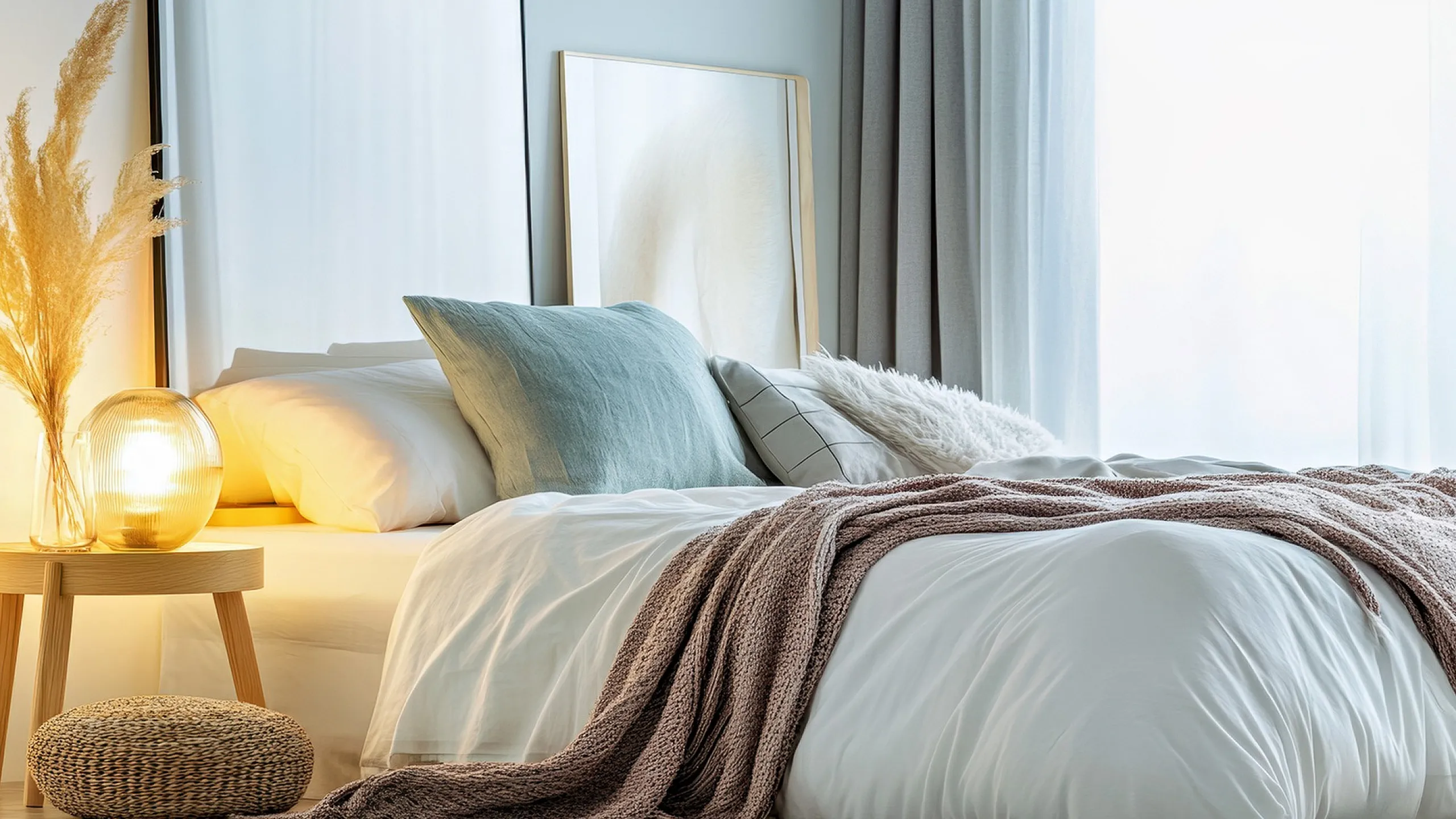 Cozy and inviting bedroom featuring a plush bed with soft pillows, ambient lighting, and elegant decor accents.