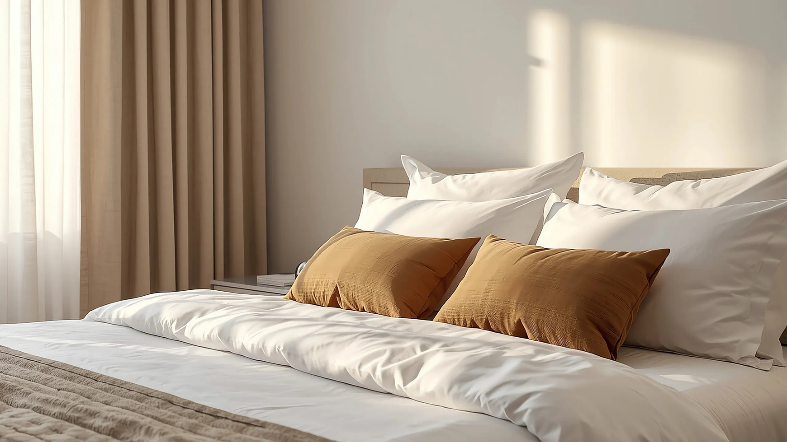 Luxurious bedroom with crisp white linens, elegant beige curtains, and warm accent pillows, creating a serene and inviting atmosphere.