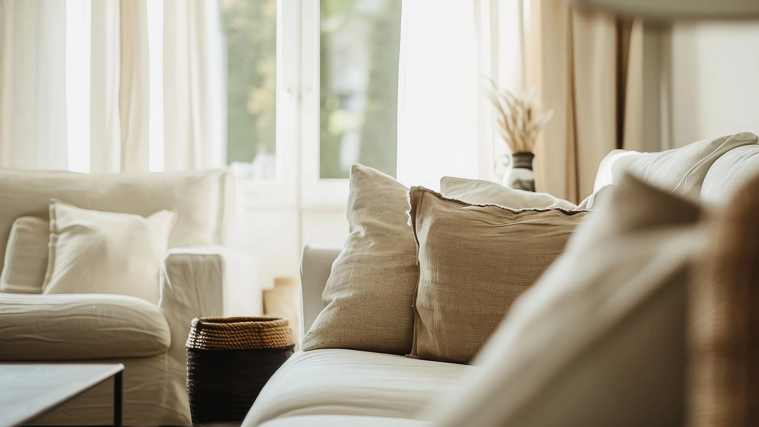 Inviting living room with plush sofas and natural light streaming through large windows, creating a cozy and serene ambiance.