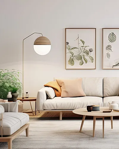 Bright and airy living room with elegant decor, cozy seating, and large windows showcasing lush greenery.