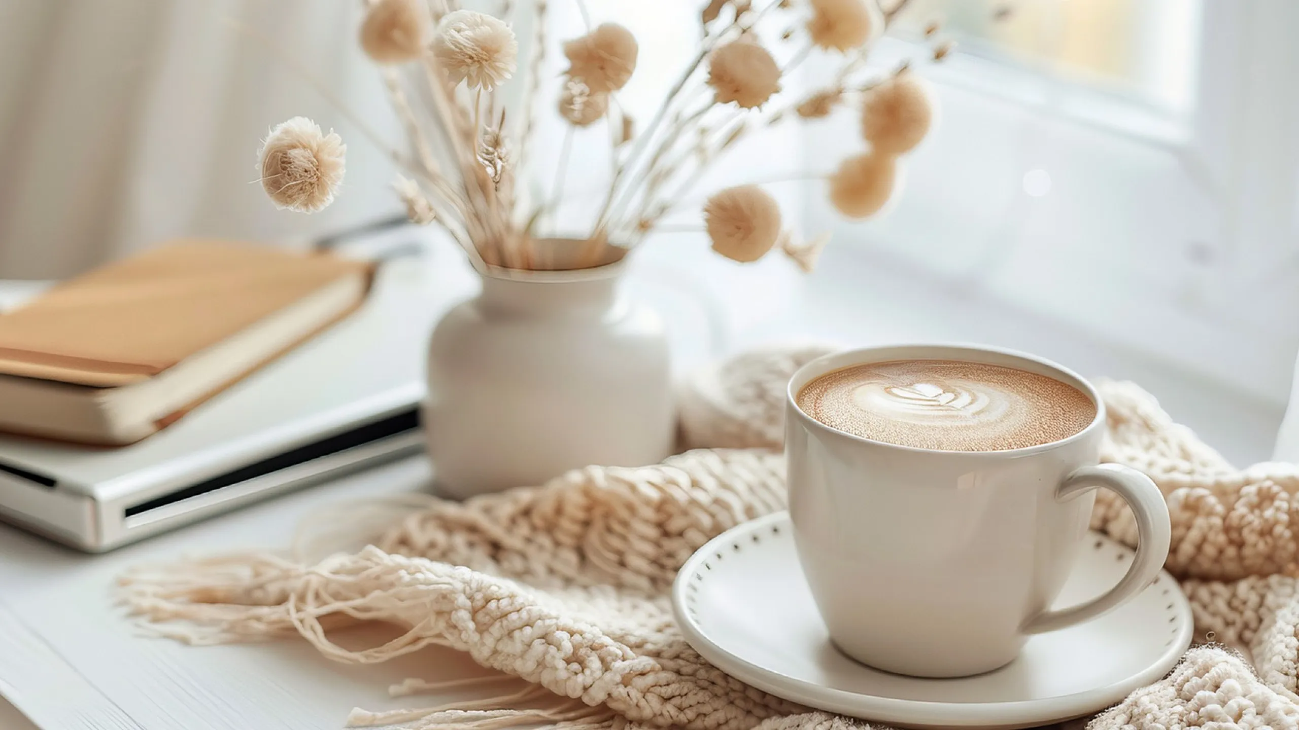 Cozy interior scene with a steaming cup of coffee on a white saucer, surrounded by a soft woven blanket and delicate dried flowers in a ceramic vase.