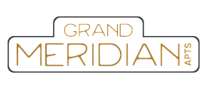 Elegant logo for Grand Meridian Apartments showcasing modern design with gold and black color scheme.