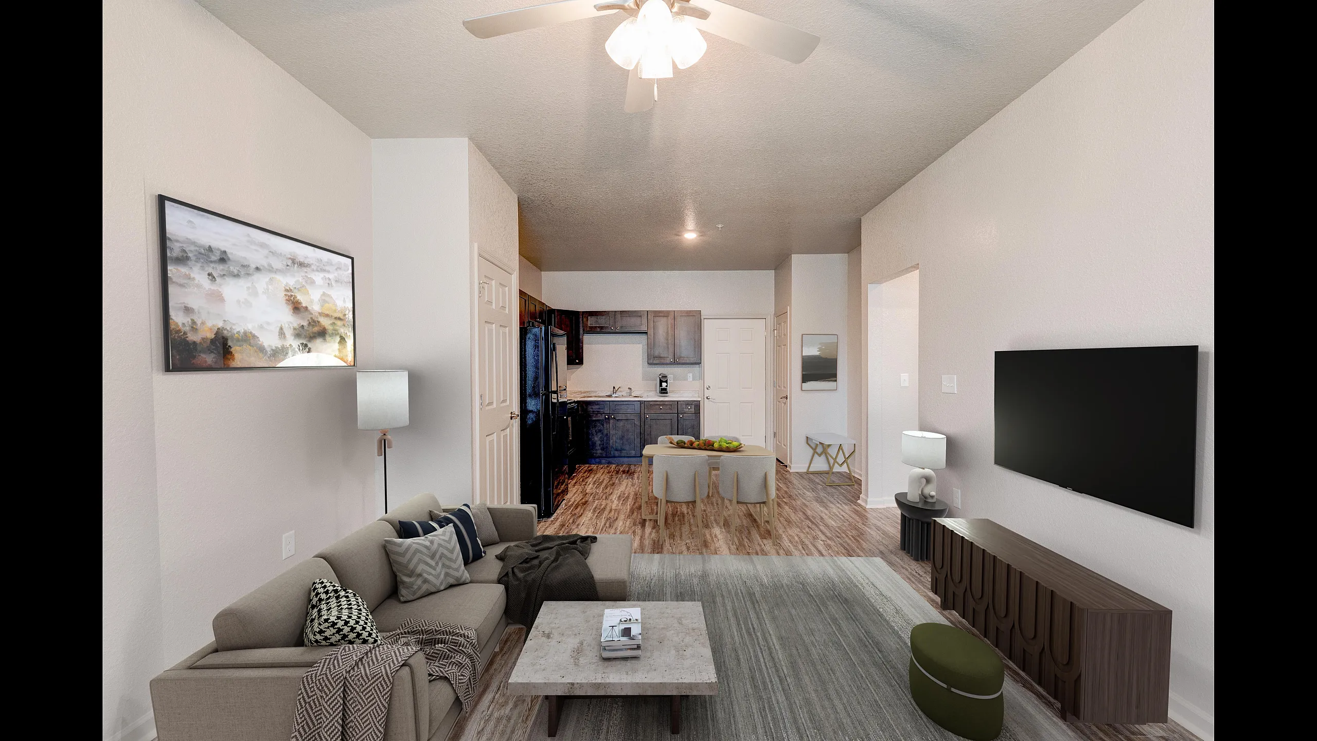 Modern living space with open-concept layout featuring cozy seating, elegant decor, a flat-screen TV, and a stylish dining area adjacent to a sleek kitchen.