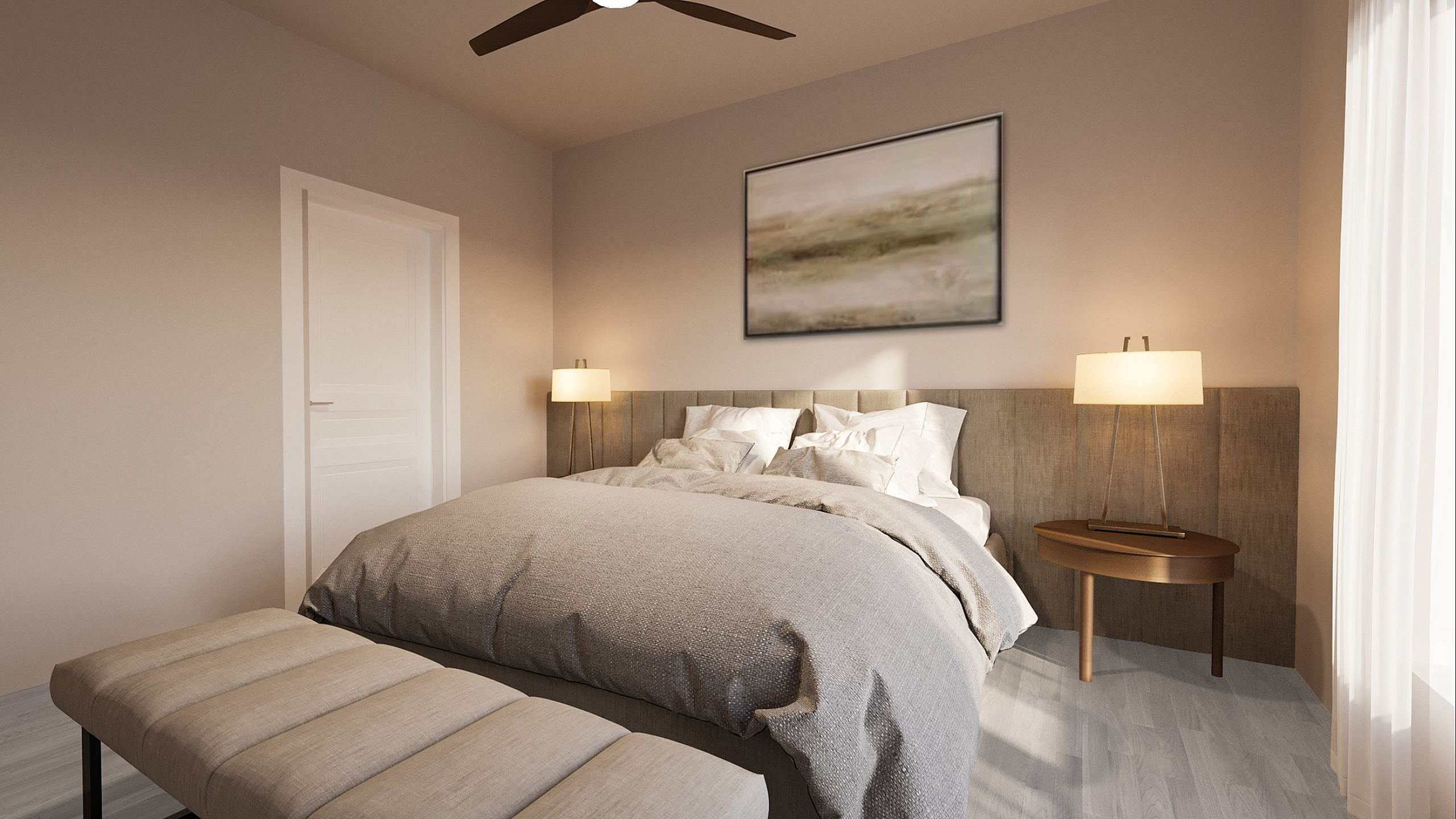 Inviting bedroom featuring a plush bed with neutral bedding, elegant lighting, and serene artwork, creating a cozy and tranquil retreat.