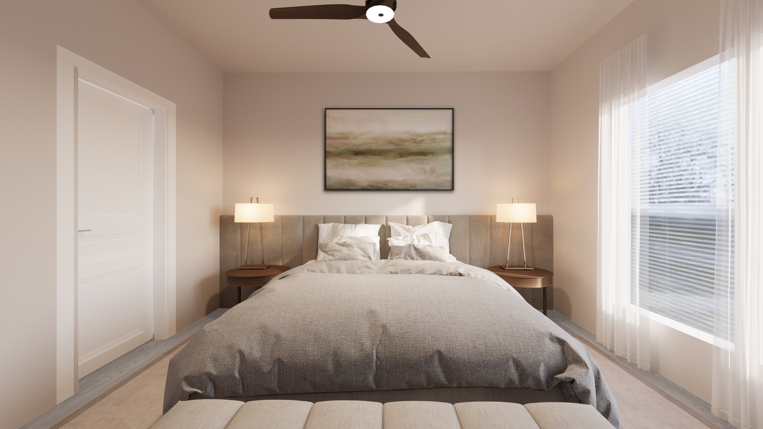 Bright and inviting bedroom with a cozy bed, elegant lamps, and large windows offering natural light.